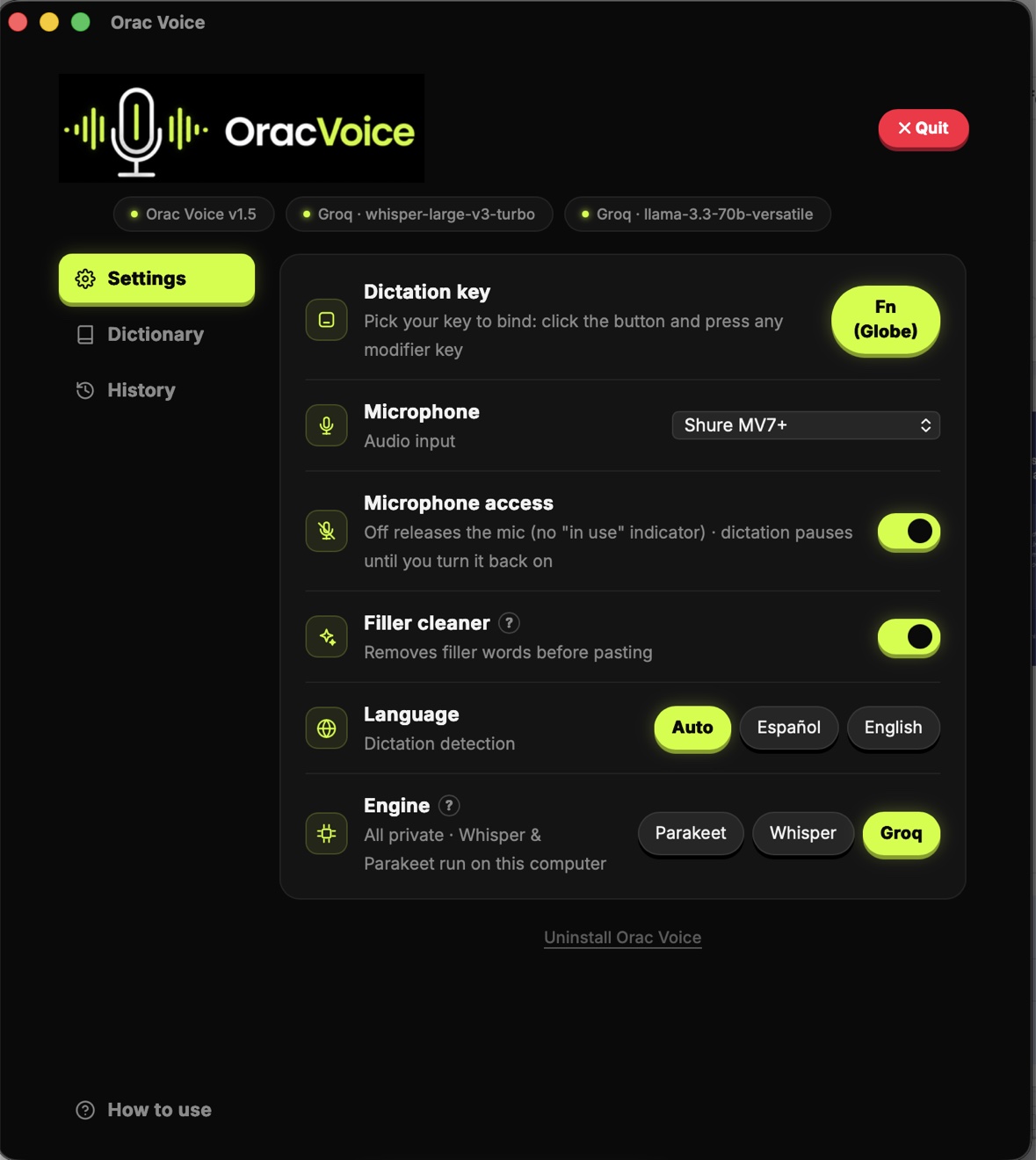 Orac Voice settings interface showing dictation, privacy, language and engine controls